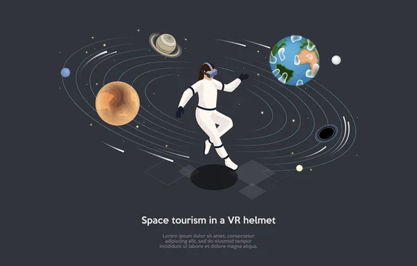 Isometric 3D Concept of Space Tourism with VR Helmet or Goggles (dalam bahasa Inggris). Astronaut Woman Trying On VR Gadget And Playing Virtual Reality Game, Flying Among Planets In Open Space (dalam bahasa Inggris). Ilustrasi Vektor Kartun - Stok Vektor