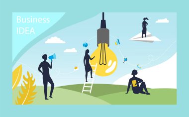 Yaratıcılık ve Beyin Fırtınası Konsepti. Yaratıcı Erkek ve Karakterlerin Kadın Silüetleri Üzerinde Çalışıyor, Yeni Proje Geliştirin. Yeni Fikir Gibi Ampullü Metafor. Çizgi film Çizgi Çizgisi Düz Vektör İllüstrasyonu