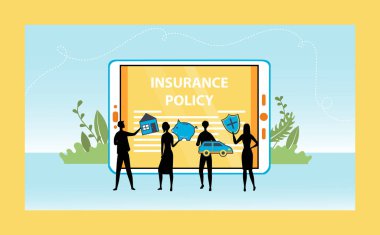 Sigorta poliçesi kavramı. Büyük Tablet Sigortası Yakınındaki Karakterler Taşınabilir ve Gayrimenkul. Ev, Araç, Tasarruf ve Hayat İçin Çevrimiçi Sigorta. Çizgi film Düz Vektör İllüstrasyonu