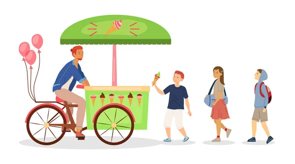 Concept de Street Food. Jeune garçon étudiant vente de crème glacée dans le chariot de café mobile avec de nombreux types de crème glacée. Les écoliers achètent du dessert dans le parc ou sur la place. Illustration vectorielle de style plat de dessin animé — Image vectorielle