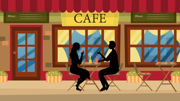 Koncept romantického rande. Pár v lásce muž a žena v městské kavárně. Postavy sedí u stolu, mluví a baví se. Dialog mezi romantickými partnery. Cartoon Flat Vector Illustration — Stockový vektor