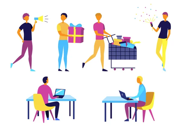 Concept Of Self Employed People. Characters Do Shopping, Give Presents, Work And Having Fun. Collection Of People In Different Situations And Period Of Time. Cartoon Flat Style. Vector Illustration