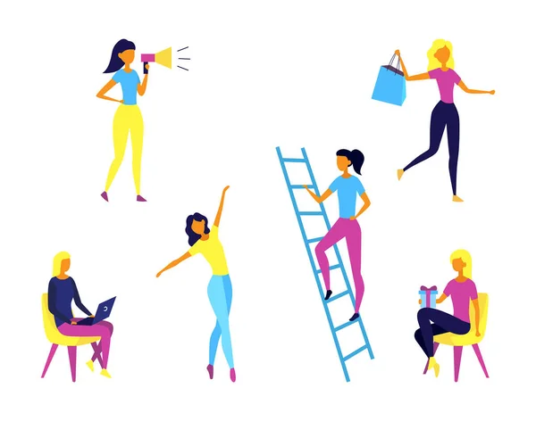 Concept Of Self Employed People. Female Characters Do Shopping, Give Presents, Work And Having Fun. Set Of Girls In Different Situations And Period Of Time. Cartoon Flat Style. Vector Illustration