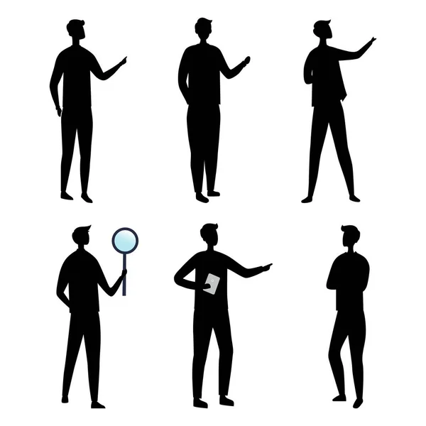 Liderazgo y trabajo en equipo. Colección de Siluetas de Empresarios en Diferentes Poses. Set de escenas con carácter masculino. Trabajador de oficina en varias situaciones. Dibujos animados plana Vector Ilustración — Vector de stock