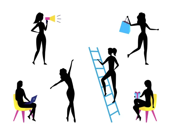 Concept Of Self Employed People Silhouettes. Female Characters Do Shopping, Give Presents, Work And Having Fun. Set Of Girls In Different Poses And Situations. Cartoon Flat Style. Vector Illustration