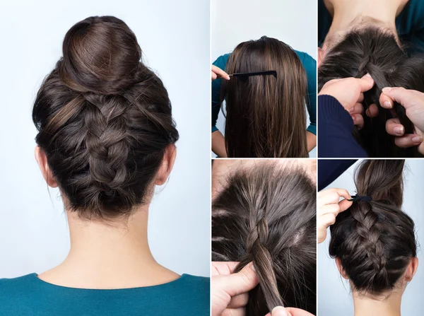 Hairstyle braid bun tutorial — Stock Photo, Image