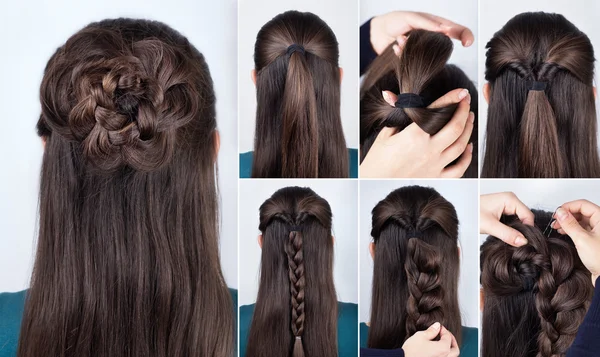 Hairstyle braided rose tutorial — Stock Photo, Image