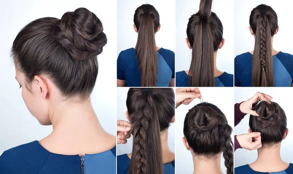 Hairstyle tutorial bun with plait — Stock Photo, Image