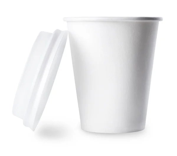 Белая бумажная чашка с открытой крышкой — стоковое фото