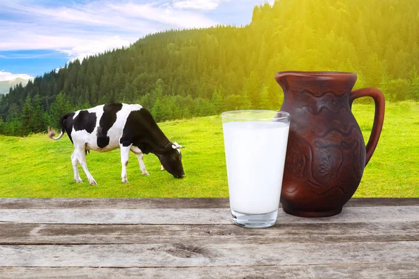 Milch mit Kuh im Hintergrund — Stockfoto