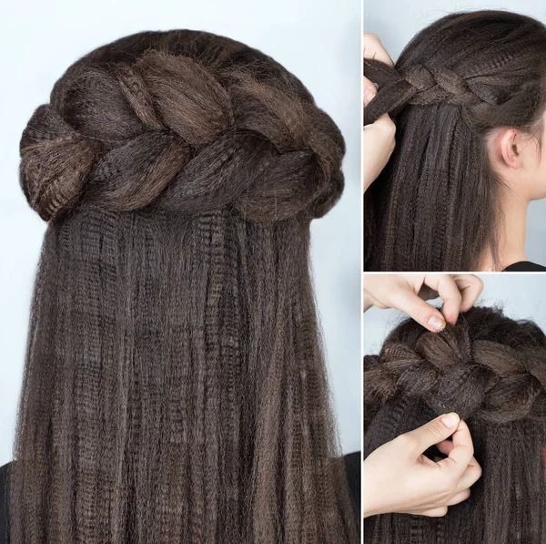 Fashionable half-up braid hairstyle tutorial — Stock Photo, Image
