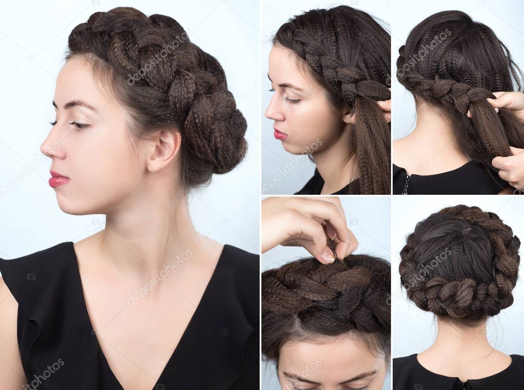Fashionable braid hairstyle tutorial Stock Photo by ©AlterPhoto 130441980