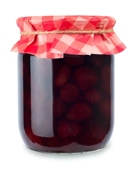 Strawberry jam in jar isolated on white — Stock Photo, Image