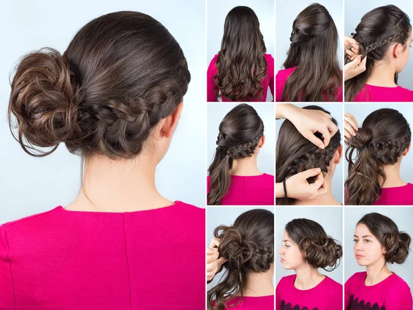 Hairstyle bun and plait on curly hair tutorial — Stock Photo, Image