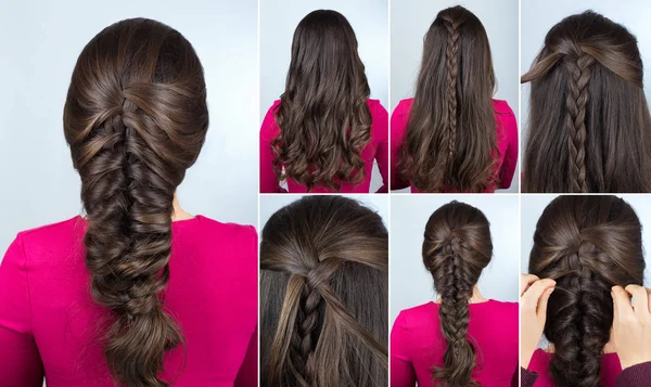 Hairstyle braid on curly hair tutorial — Stock Photo, Image