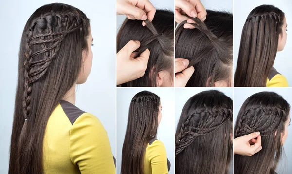 Hairstyle plaits tutorial — Stock Photo, Image