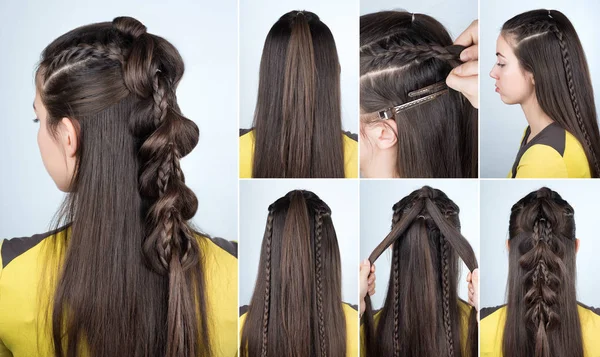 Hairstyle plait for party tutorial — Stock Photo, Image