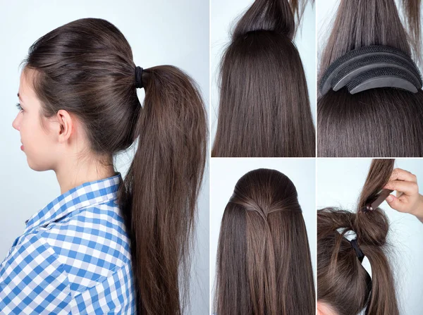 Hairstyle volume ponytail tutorial — Stock Photo, Image