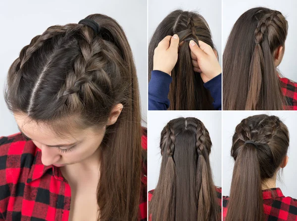 Pony tail with braid hairstyle tutorial — Stock Photo, Image
