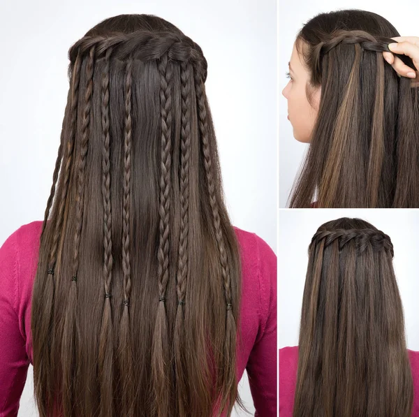 Hairstyle braided cascade tutorial — Stock Photo, Image