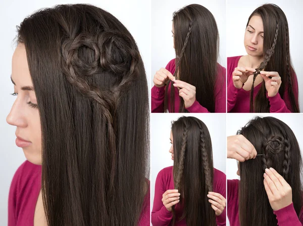 Hairstyle braided heart tutorial — Stock Photo, Image