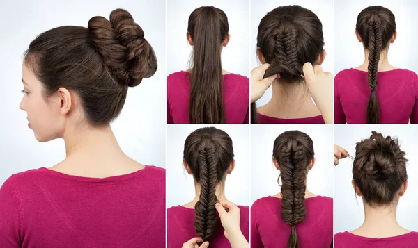 Hairstyle bun tutorial — Stock Photo, Image