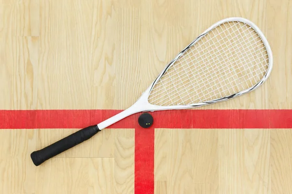 Squash Visa racket och boll från ovan — Stockfoto