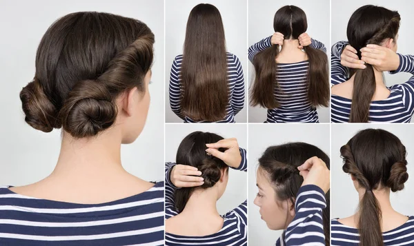 Penteado torcido pães tutorial — Fotografia de Stock