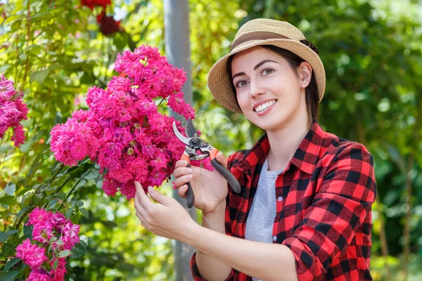 Giardiniere ragazza taglio fiori con forbici — Foto Stock
