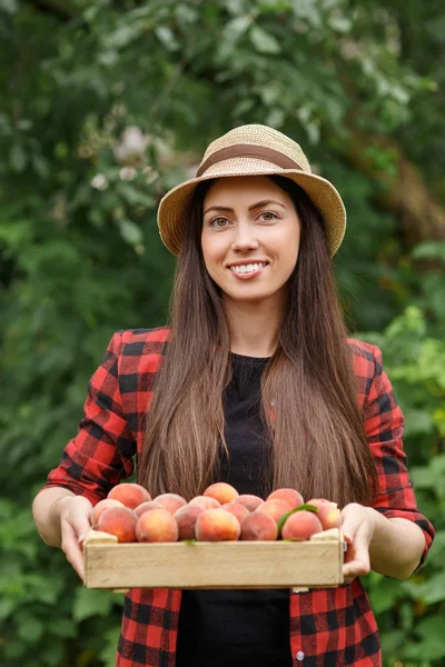 Giardiniere donna con pesche — Foto Stock