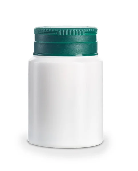 Garrafa médica branca com tampa verde — Fotografia de Stock