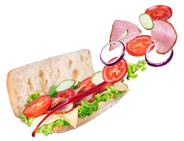 Бутерброд з літаючими інгредієнтами — стокове фото