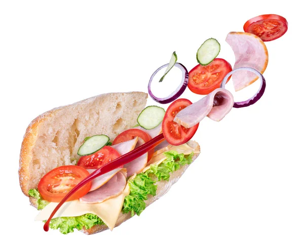 Sandwich con ingredientes voladores —  Fotos de Stock