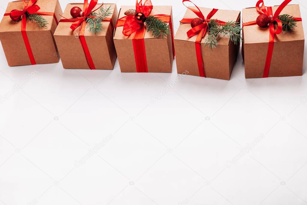 Christmas decorations and gifts on a white background.