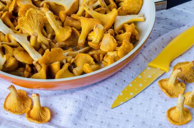 Bir tavada masanın üzerine chanterelles.