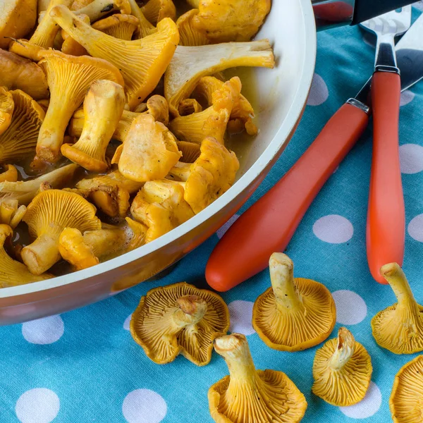 Chanterelles in a frying pan on the table. — Stock Photo, Image