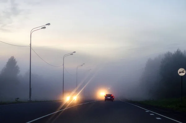 Sis yolda. Alacakaranlık. Araba penceresinden Fotoğraflar.