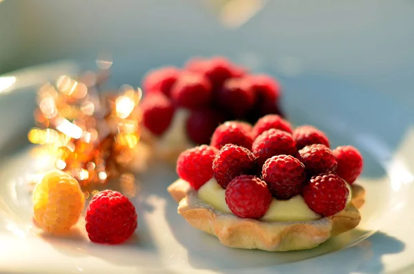 Tarta con crema y frambuesas y decoración de caramelo — Foto de Stock