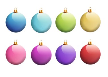 Renkli Noel topları beyaz zemin üzerine izole kümesi.