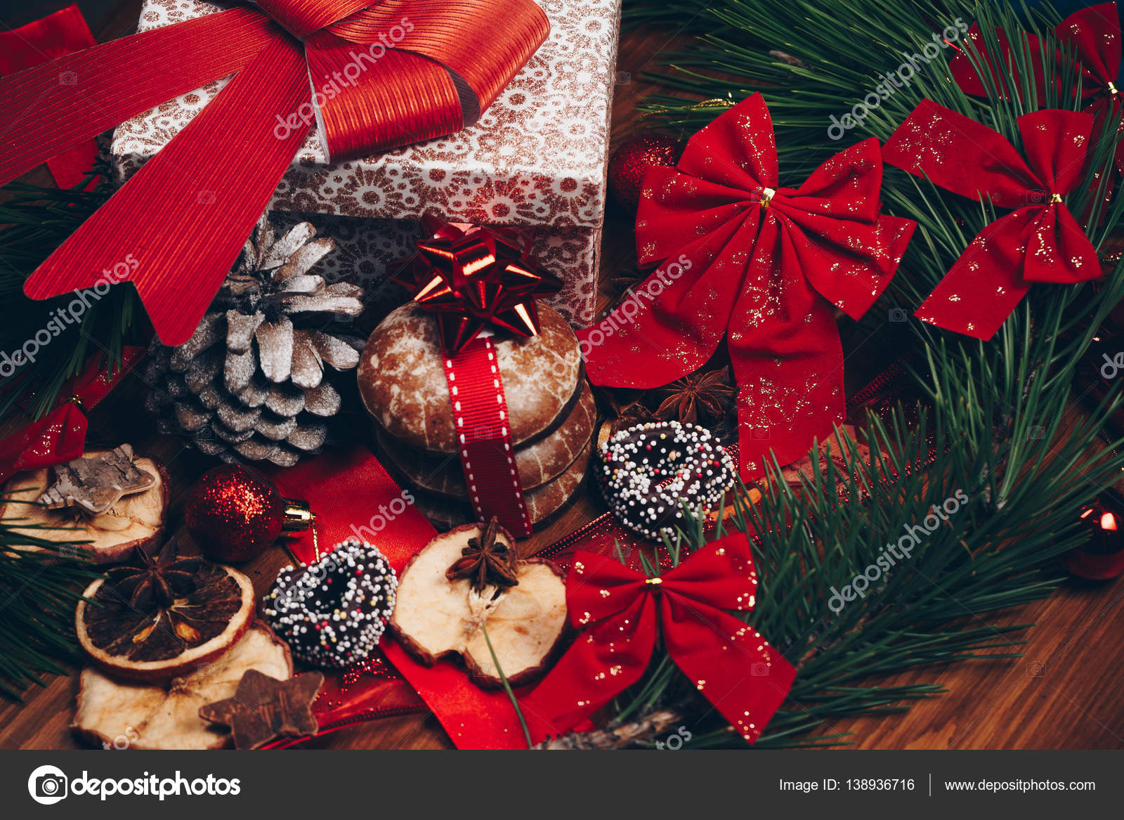 Christmas Still Life With Ginger Honey Biscuits Ornaments Pine