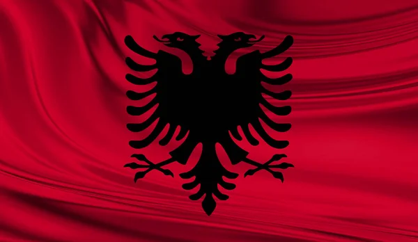 Bandera nacional de Albania ondeando sobre una cortina de seda — Foto de Stock