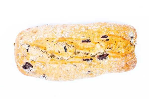Classico pane ciabatta all'italiana con olive isolate su fondo bianco. Ottimo per sandwich o colazione . — Foto Stock