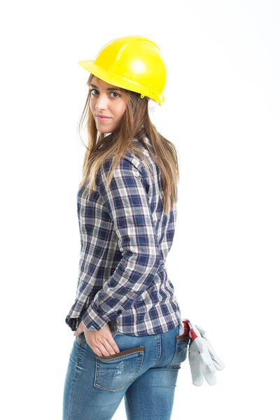Atractiva Joven Constructora Con Casco Guante Trabajo Aislado Sobre Fondo — Foto de Stock