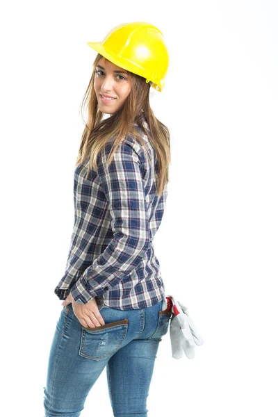 Atractiva Joven Constructora Con Casco Guante Trabajo Aislado Sobre Fondo — Foto de Stock