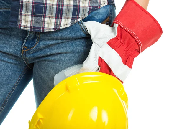 Mãos Com Luvas Trabalho Bolso Calça Jeans Isolado Sobre Fundo — Fotografia de Stock