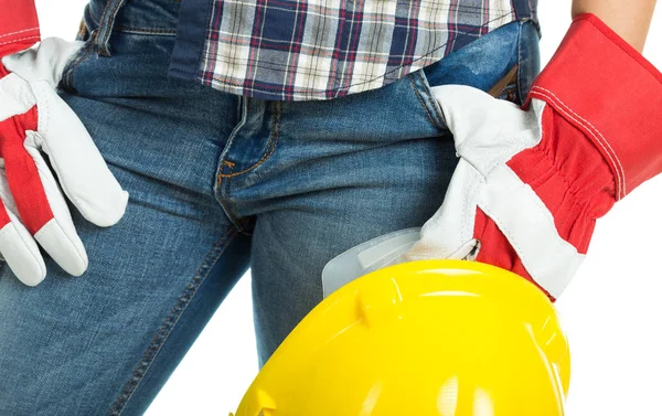 Manos Con Guantes Trabajo Bolsillo Los Pantalones Vaqueros Aislado Sobre — Foto de Stock