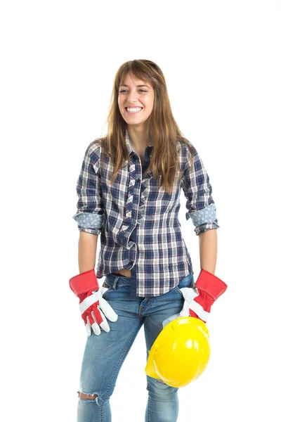 有吸引力的年轻女子建设者与头盔和工作手套 隔离在白色背景上 — 图库照片