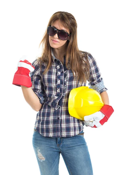 Atractiva Joven Constructora Con Casco Guante Trabajo Aislado Sobre Fondo — Foto de Stock