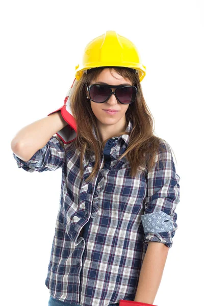 Atractiva Joven Constructora Con Casco Guante Trabajo Aislado Sobre Fondo — Foto de Stock