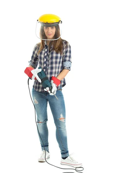 Construtor jovem atraente com ferramenta de broca feliz por um bom trabalho. Isolado sobre fundo branco . — Fotografia de Stock